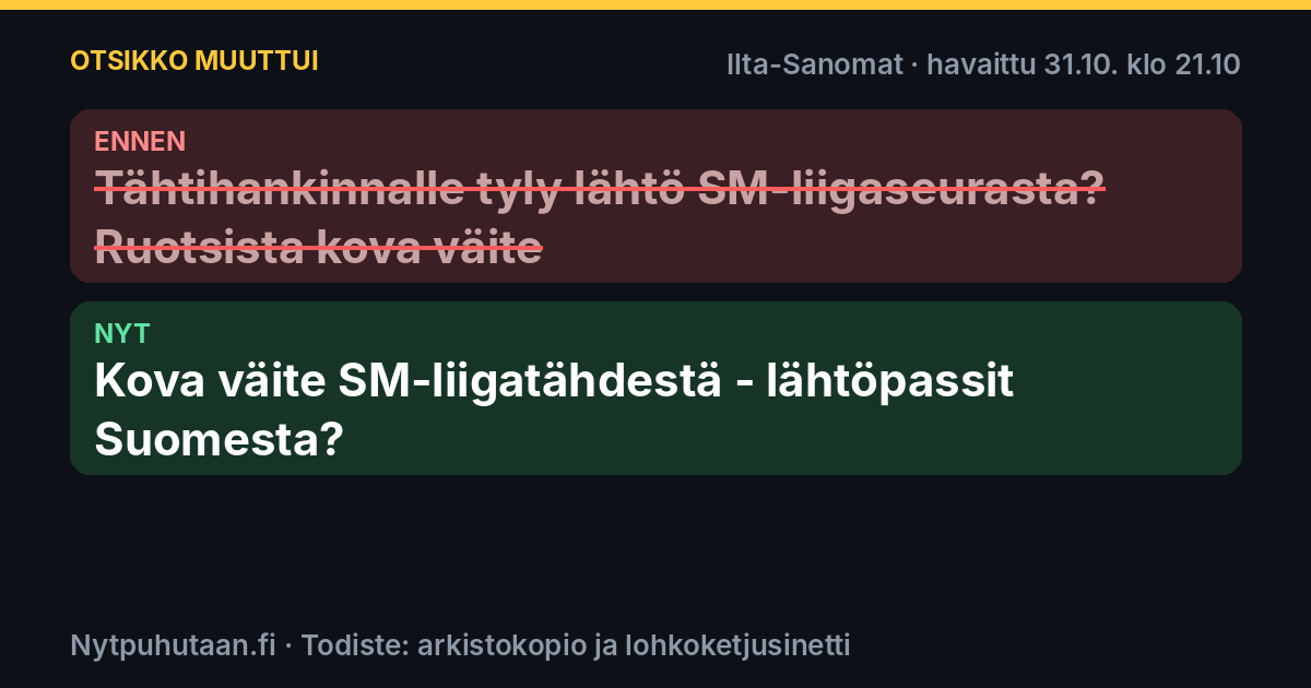 Ennen: Tähtihankinnalle tyly lähtö SM-liigaseurasta? Ruotsista kova väite. Nyt: Kova väite SM-liigatähdestä – lähtöpassit Suomesta?