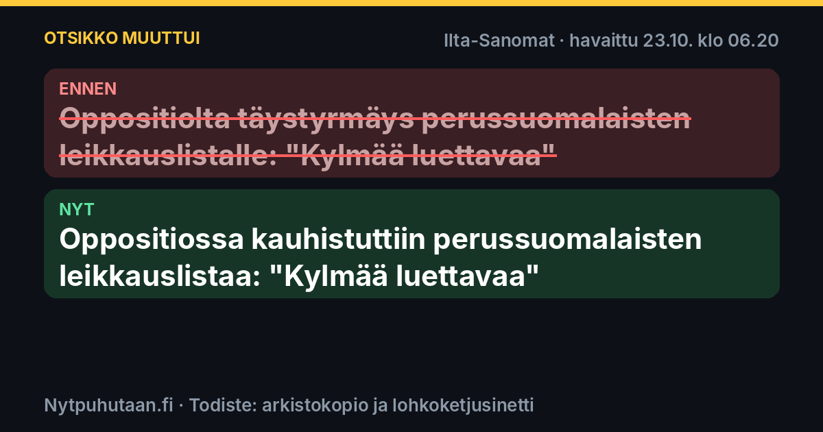 Ennen: Oppositiolta täystyrmäys perussuomalaisten leikkauslistalle: ”Kylmää luettavaa”. Nyt: Oppositiossa kauhistuttiin perussuomalaisten leikkauslistaa: ”Kylmää luettavaa”
