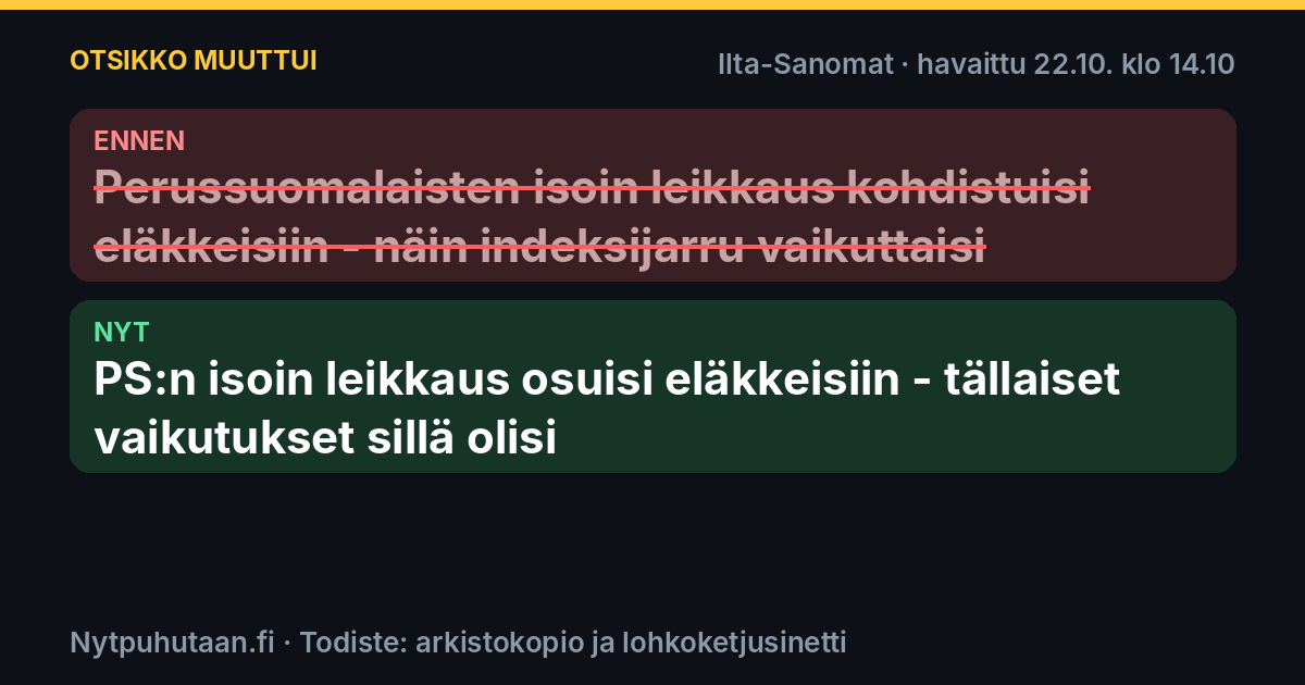 Ennen: Perussuomalaisten isoin leikkaus kohdistuisi eläkkeisiin – näin indeksijarru vaikuttaisi. Nyt: PS:n isoin leikkaus osuisi eläkkeisiin – tällaiset vaikutukset sillä olisi